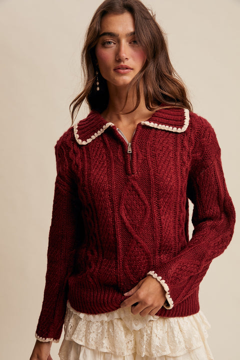 Scallop Trim Cable Knit Half-zip Sweater