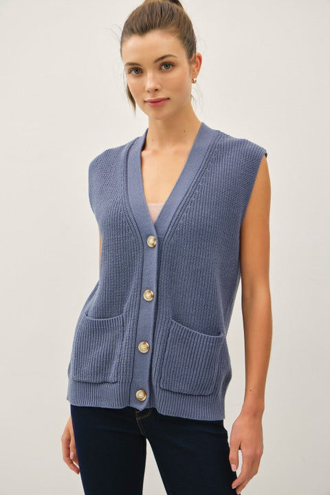 Varsity Style Button Up Sweater Vest With Pockets