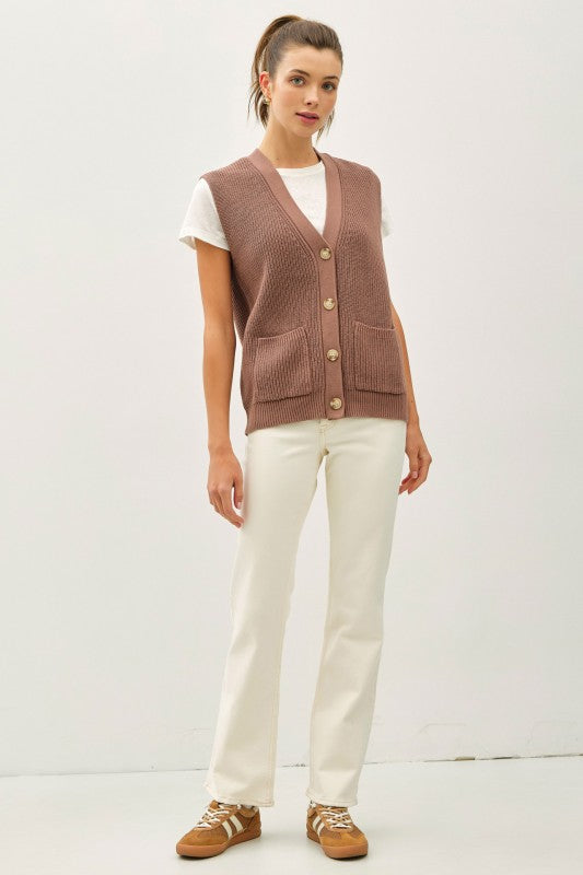 Varsity Style Button Up Sweater Vest With Pockets