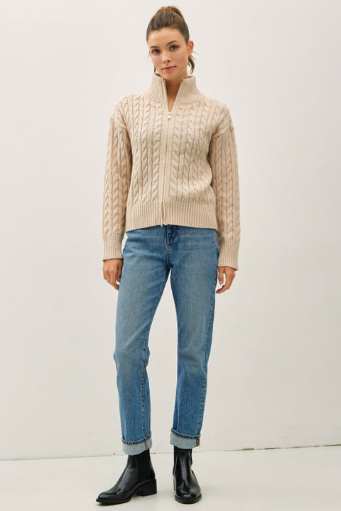 Cable Knit zip Up Sweater Jacket with High Collar