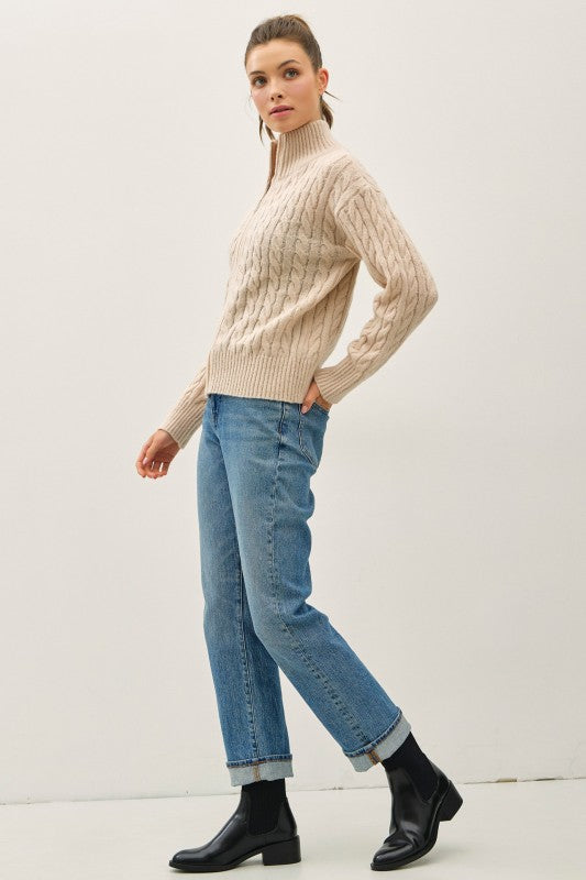 Cable Knit zip Up Sweater Jacket with High Collar