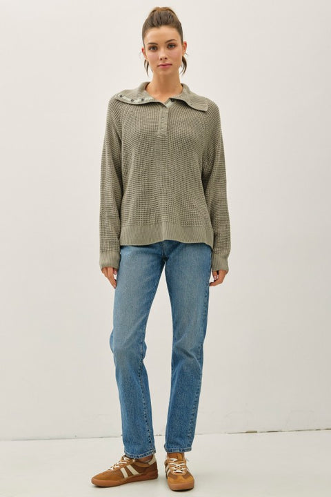 Quarter Button Peter Pan Collar Waffle Sweater