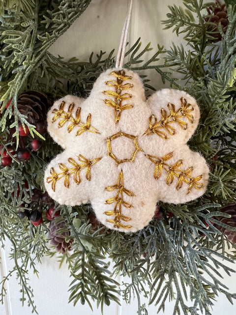 Wool Felt Snowflake Ornament w/ Gold Metallic Thread Embroidery, 2 Styles