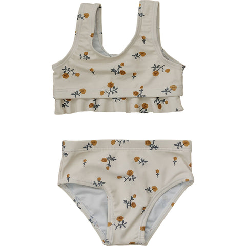 Cream Floral Bikini Set with Ruffle Top
