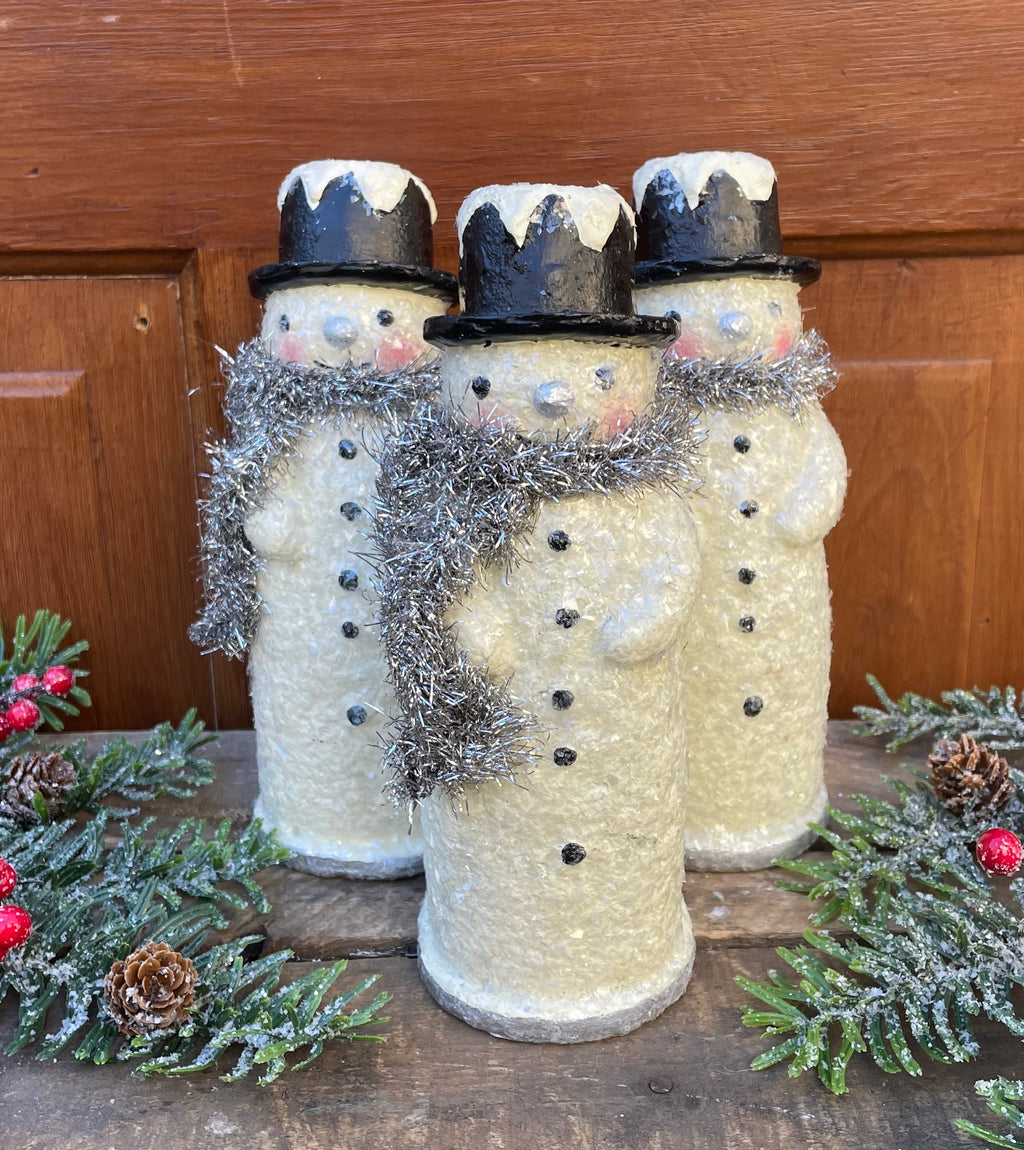 3" Round x 8"H Paper Mache Snowman with Tinsel Scarf and Glitter