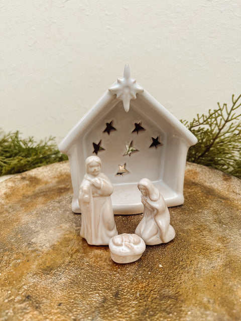 Stoneware Holy Family Tealight Holder with Star Cut out