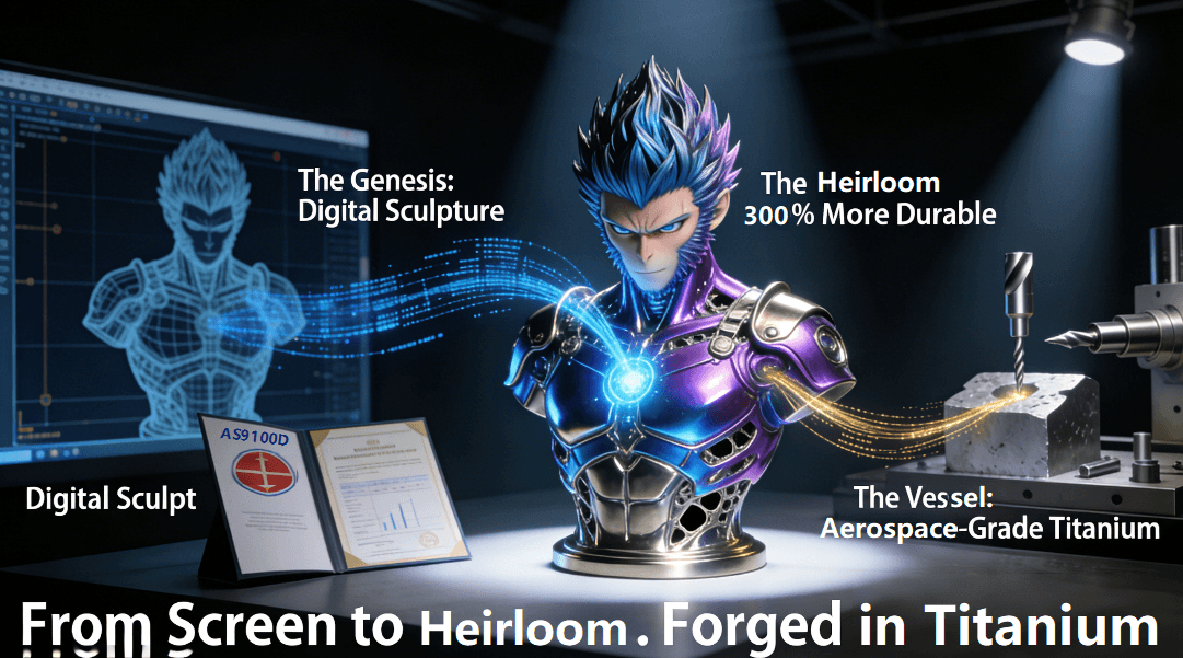 In a gallery-like setting, a spotlight illuminates a gloriously anodized titanium anime bust with incredible detail. Glowing streams of data from a 3D sculpt on a screen and light from a raw titanium billet converge to form it, with material certification nearby, visualizing the creation of a 300% more durable heirloom.