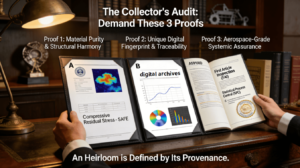 : In a collector's study, three crucial documents are under review: a titanium material cert with residual stress report, a unique digital fingerprint dossier for a specific piece (07/50), and an AS9100D quality manual. This visualizes the audit a discerning collector must perform to verify an heirloom's provenance.
