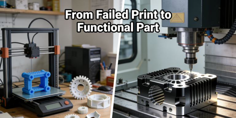Comparison between a desktop 3D printer with failed parts and a professional CNC machining center producing a precision metal component.