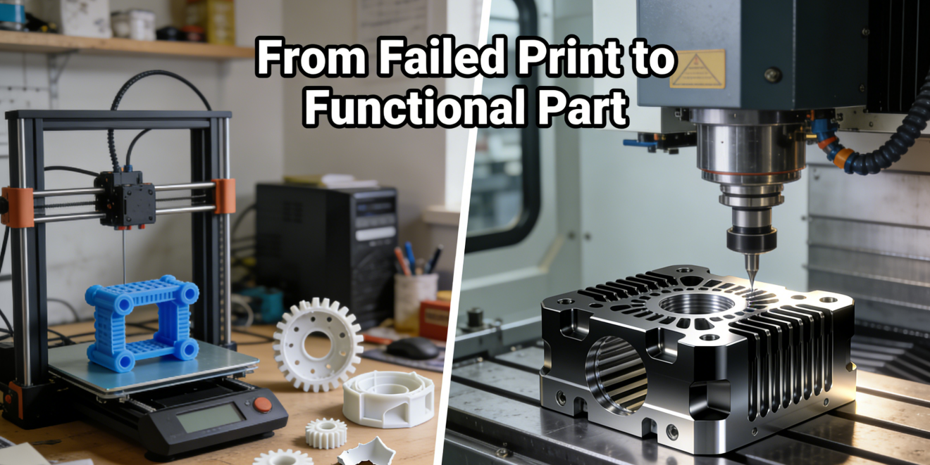 Comparison between a desktop 3D printer with failed parts and a professional CNC machining center producing a precision metal component.