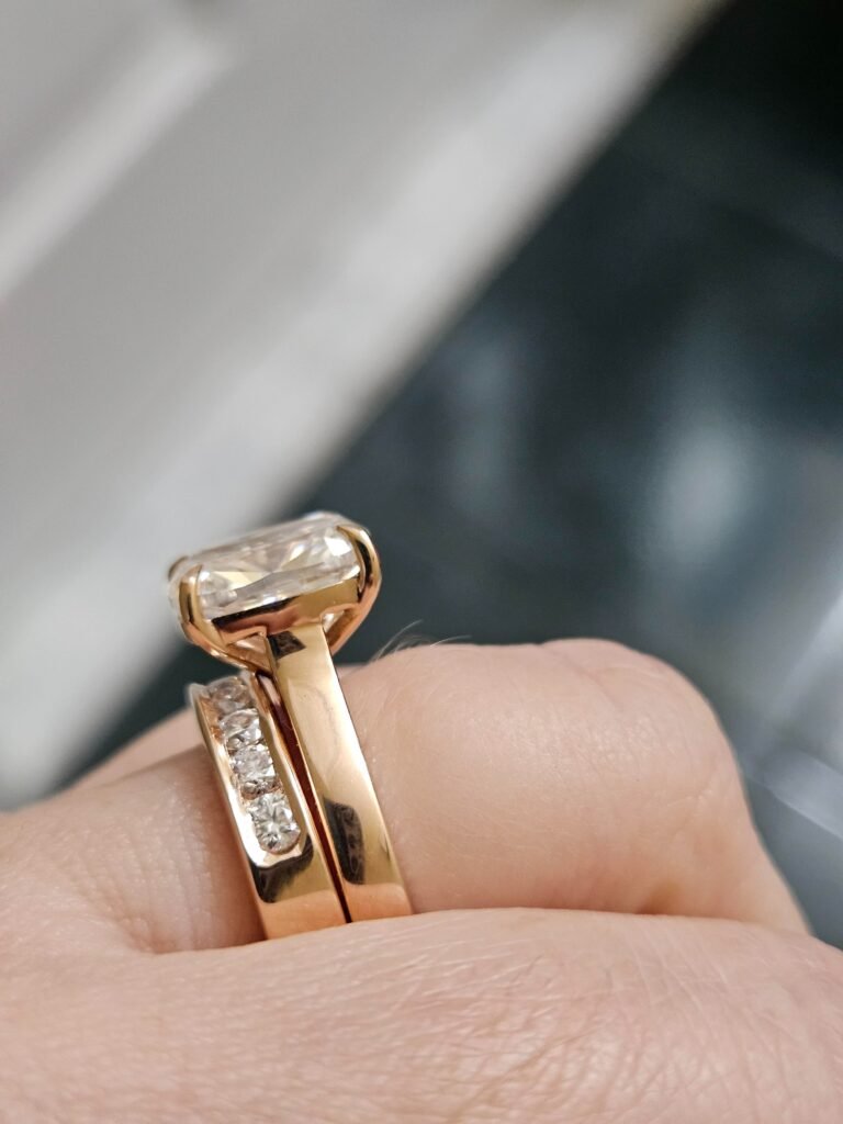 Moissanite and three stone rings by Golden Bird Jewels