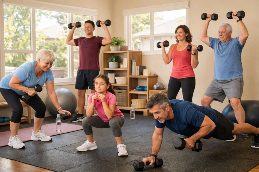 In a sunlit home gym, a diverse family of different ages and ethnicities enthusiastically participates in a full-body dumbbell workout, showcasing inclusivity and accessibility with various dumbbell sizes, while the warm color palette and subtle health-themed background elements emphasize vitality and the joy of family fitness.