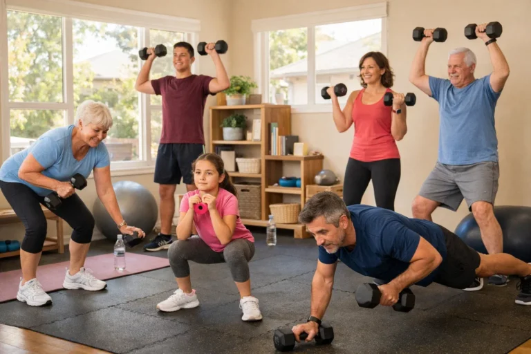 In a sunlit home gym, a diverse family of different ages and ethnicities enthusiastically participates in a full-body dumbbell workout, showcasing inclusivity and accessibility with various dumbbell sizes, while the warm color palette and subtle health-themed background elements emphasize vitality and the joy of family fitness.